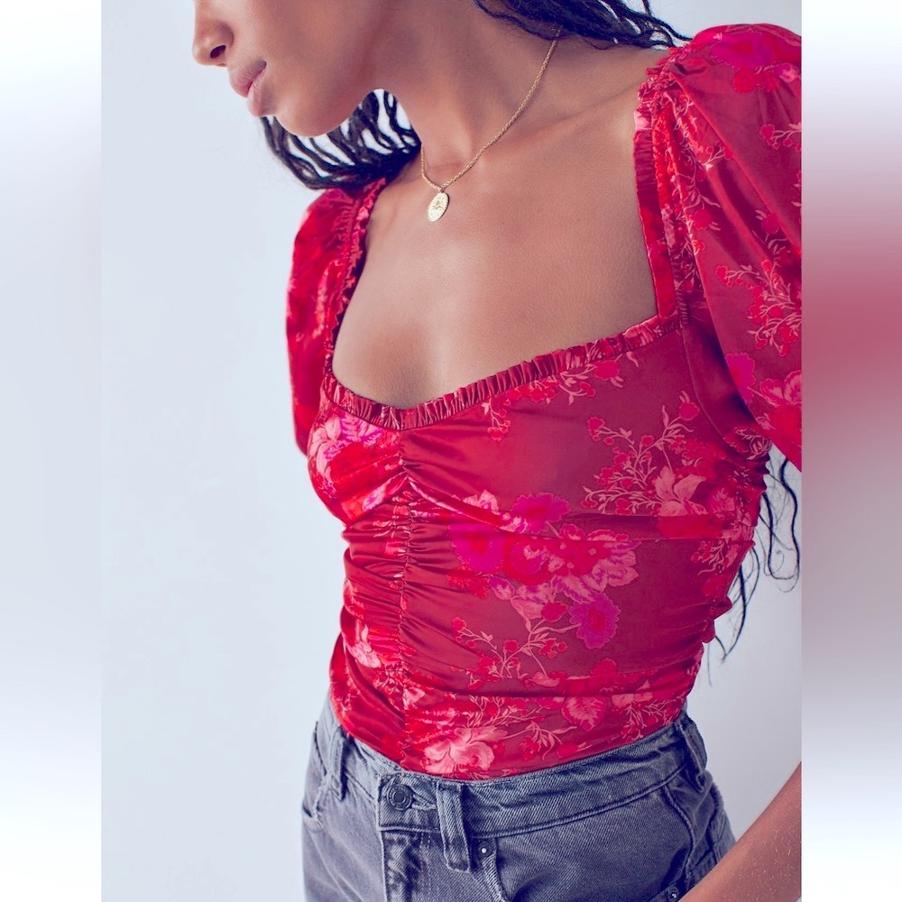 Satin For Love & Lemons Bodysuit - Statement Puffy Sleeve - Red - Size M